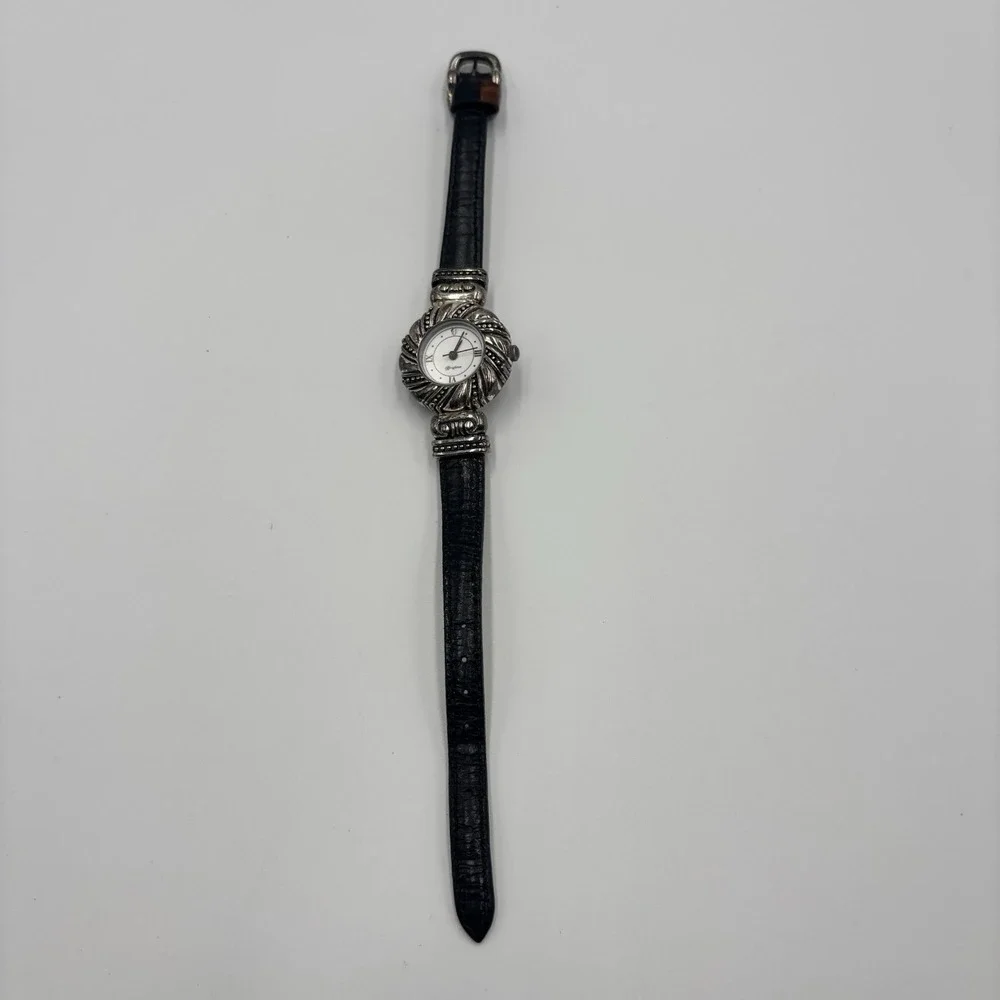 Brighton Verona Silver Tone Swirl Case Leather Strap‎ Watch Japan Movement